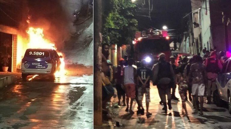 Viatura da Polícia Militar é incendiada em Salvador