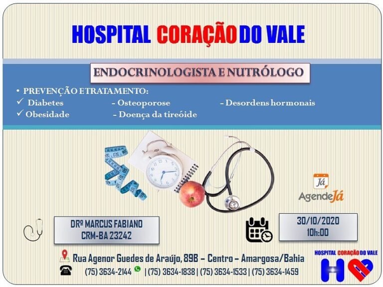 Agende seu endocrinologista para sexta (30) no Hospital Coração do Vale!