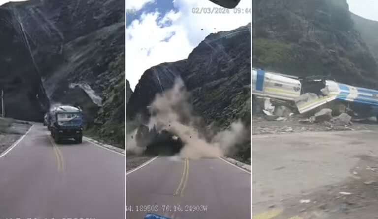 VÍDEO: Pedras gigantes despencam de montanha e esmagam caminhões em estrada no Peru